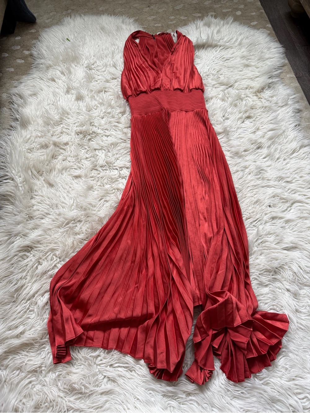 A.L.C. Red Pleated V-Neck Maxi Dress